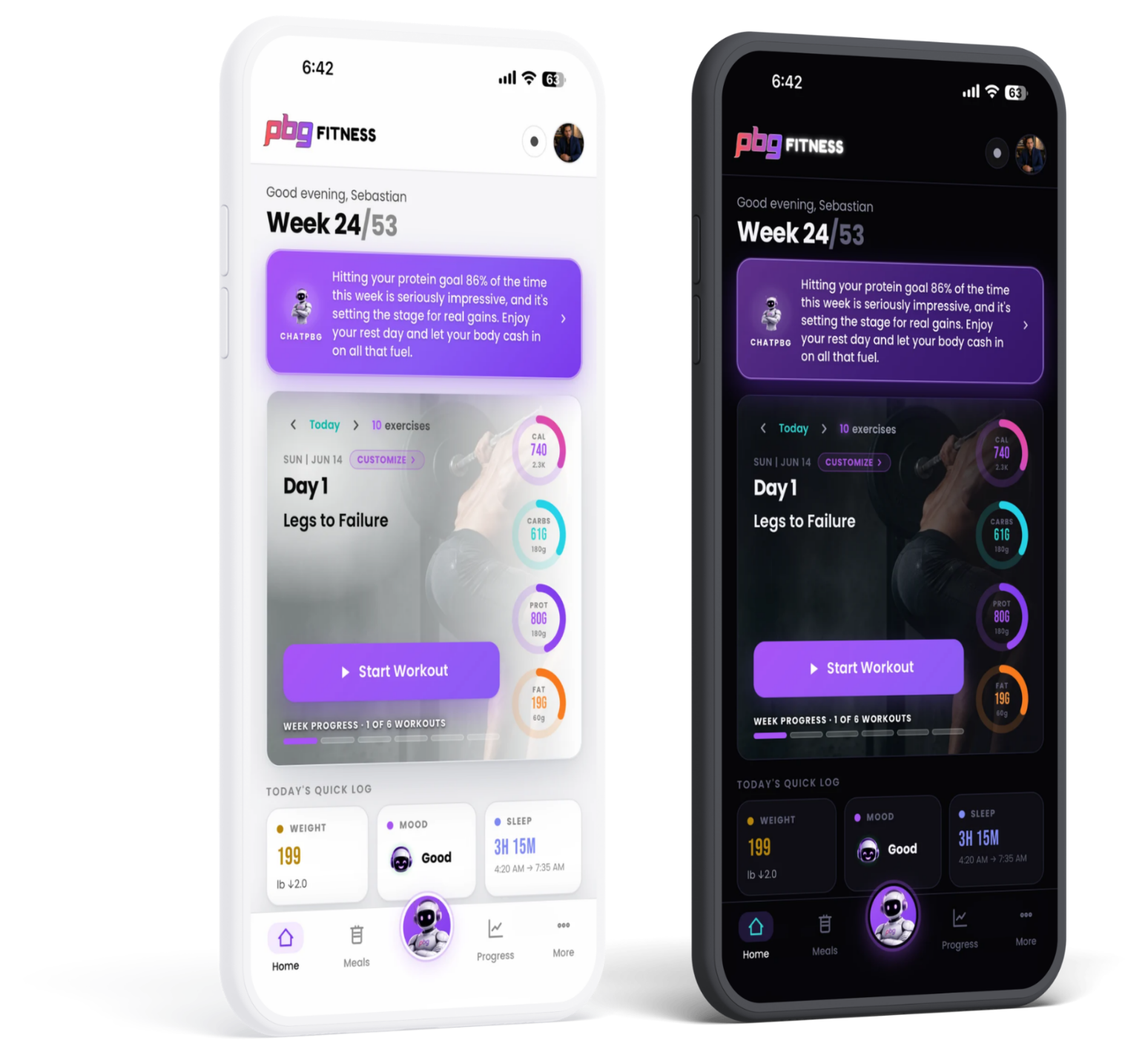 PBG Fitness home, light and dark themes