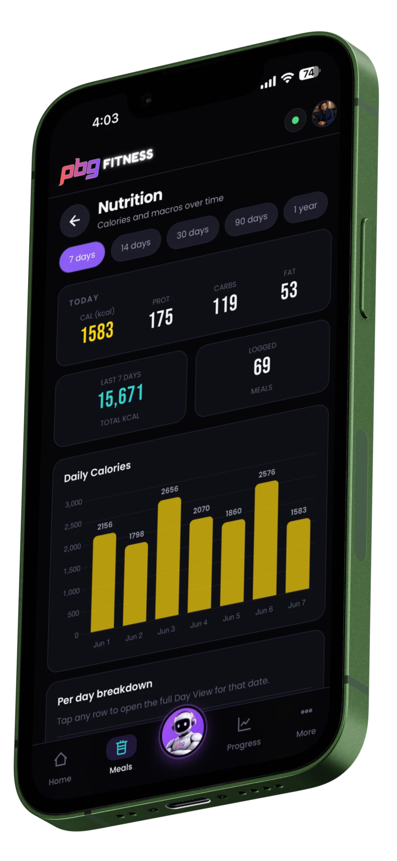 PBG Fitness nutrition tracking on phone