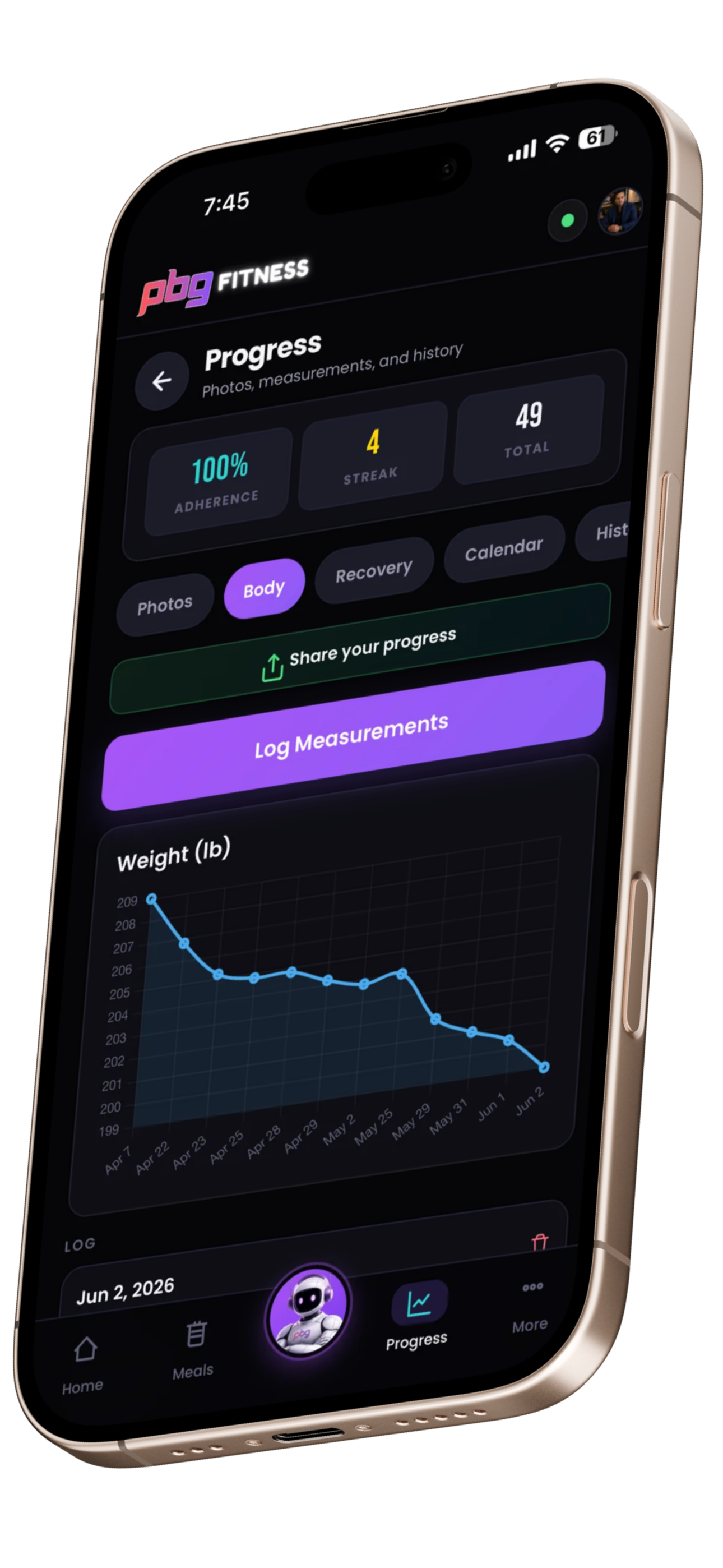 PBG Fitness weekly progress on phone